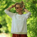 Blouse Constance — Coton plumetis blanc & bandes lin chiné ficelle