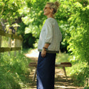 Blouse Constance — Coton seersucker rayé kaki & bandes lin kaki