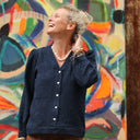 Blouse Léocadie - Double gaze de coton/lin jacquard fleuri marine