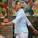 Blouse Catherine en seersucker de coton turquoise/blanc