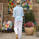 Blouse Catherine en seersucker de coton turquoise/blanc