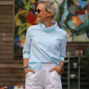 Blouse Catherine en seersucker de coton turquoise/blanc