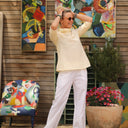 Blouse Catherine en seersucker de coton jaune/blanc