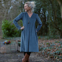 Robe Edonie coupe midi - Velours côtelé bleu grisé