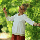 Blouse Constance — Coton plumetis blanc & bandes lin chiné ficelle