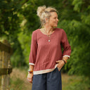 Blouse Constance — Double gaze terracotta & bandes armuré rose poudré