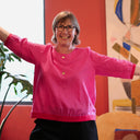 Blouse Constance — Lin rose fuchsia & bandes coquelicot