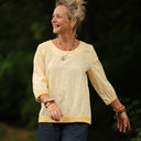 Blouse Constance — Lin jaune pâle & bandes lin chiné bouton d'or