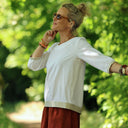 Blouse Constance — Coton plumetis blanc & bandes lin chiné ficelle