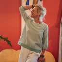 Blouse Constance — Coton vert d'eau & bandes vert sauge