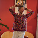 Blouse Constance — Coton crépuscule épicé & bandes lin bougainvillier