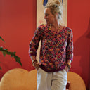 Blouse Constance — Coton crépuscule épicé & bandes lin bougainvillier