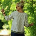 Blouse Constance — Coton seersucker rayé kaki & bandes lin kaki