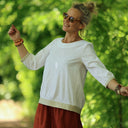 Blouse Constance — Coton plumetis blanc & bandes lin chiné ficelle
