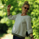 Blouse Constance — Coton seersucker rayé kaki & bandes lin kaki