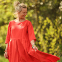 Robe Louisa manches 3/4 – Viscose/lin orange crépuscule
