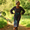 Robe Adélaïde — Velours milleraies bleu paon fleuri