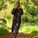 Robe Adélaïde — Velours milleraies bleu paon fleuri