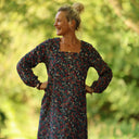 Robe Adélaïde — Velours milleraies bleu paon fleuri
