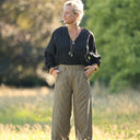 Pantalon femme en coton rayé camel/noir, vue 3 — Quintessence