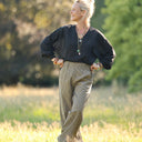Pantalon femme en coton rayé camel/noir, vue 5 — Quintessence