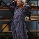 Robe Edmée — Velours milleraies bleu paon fleuri
