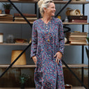 Robe Edmée — Velours milleraies bleu paon fleuri