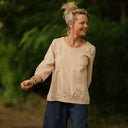 Blouse Constance — Lin beige & bandes rose poudré