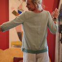 Blouse Constance — Coton vert d'eau & bandes vert sauge