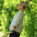 Blouse Constance — Coton seersucker rayé kaki & bandes lin kaki