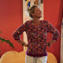 Blouse Constance — Coton crépuscule épicé & bandes lin bougainvillier