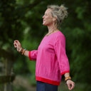 Blouse Constance — Lin rose fuchsia & bandes coquelicot
