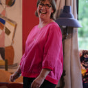 Blouse Constance — Lin rose fuchsia & bandes coquelicot