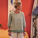 Blouse Constance — Coton vert d'eau & bandes vert sauge