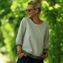 Blouse Constance — Coton seersucker rayé kaki & bandes lin kaki