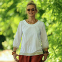 Blouse Constance — Coton plumetis blanc & bandes lin chiné ficelle