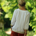 Blouse Constance — Coton plumetis blanc & bandes lin chiné ficelle