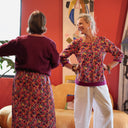 Blouse Constance — Coton crépuscule épicé & bandes lin bougainvillier