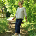 Blouse Constance — Coton seersucker rayé kaki & bandes lin kaki