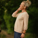 Blouse Constance — Lin beige & bandes rose poudré