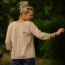 Blouse Constance — Lin beige & bandes rose poudré