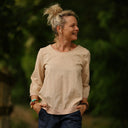 Blouse Constance — Lin beige & bandes rose poudré