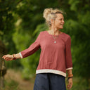Blouse Constance — Double gaze terracotta & bandes armuré rose poudré