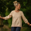Blouse Constance — Lin beige & bandes rose poudré