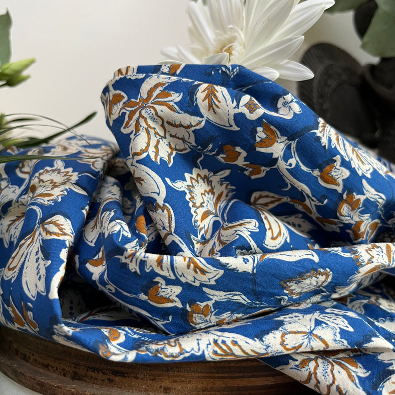 Robe Héloïse -  popeline de coton indigo fleuri chrysanthème