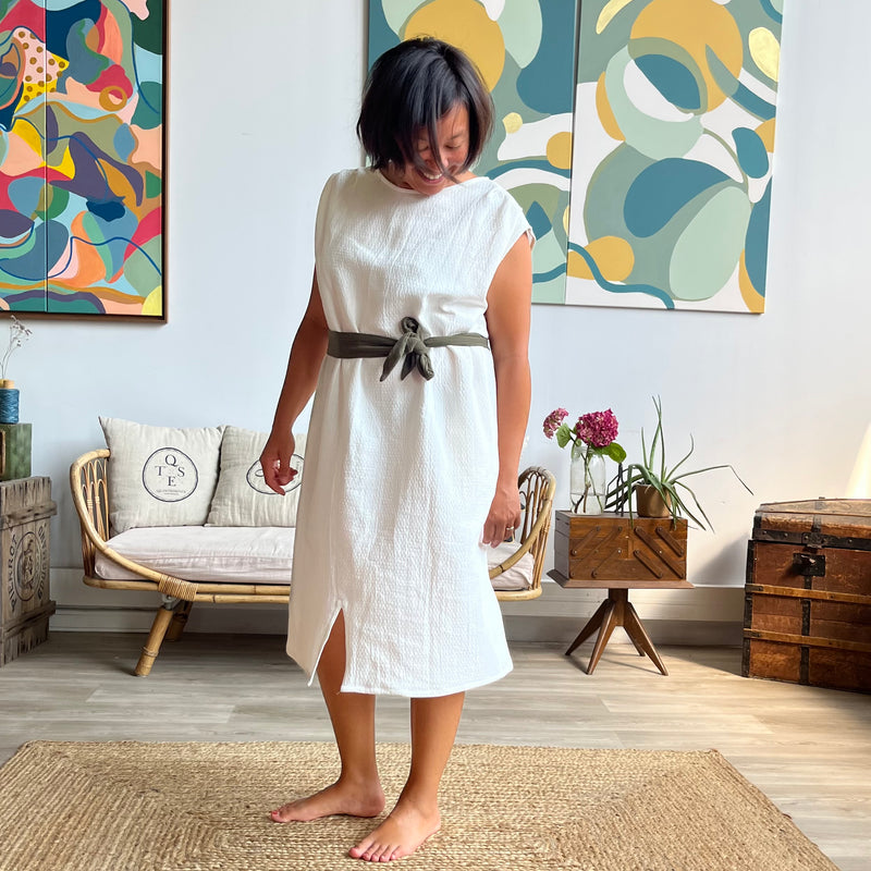 Robe Tia - Lin-viscose naturel à pois lavande