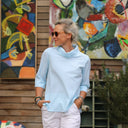 Blouse Catherine en seersucker de coton turquoise/blanc - Quintessence