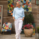 Blouse Catherine en seersucker de coton turquoise/blanc - Quintessence