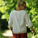 Blouse Constance — Coton plumetis blanc & bandes lin chiné ficelle - Quintessence