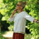 Blouse Constance — Coton plumetis blanc & bandes lin chiné ficelle - Quintessence